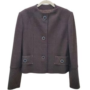 Thalian Blazer Jacket Large Buttons No Collar Longsleeve Brown Black Plaid Sz 6